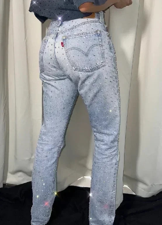 Fashion Rhinestone Sequin Jeans Y2K Pants Womens Gothic Hip Hop Pocket