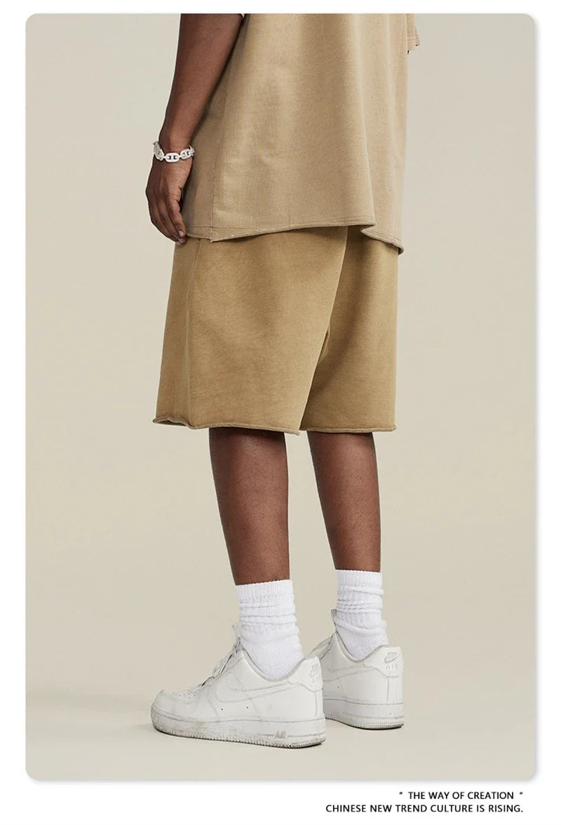 New Summer Men Retro Washed Shorts Unisex Drawstring Loose Edge 420gsm Solid Knee Length Cotton Pants Streetwears HY0589