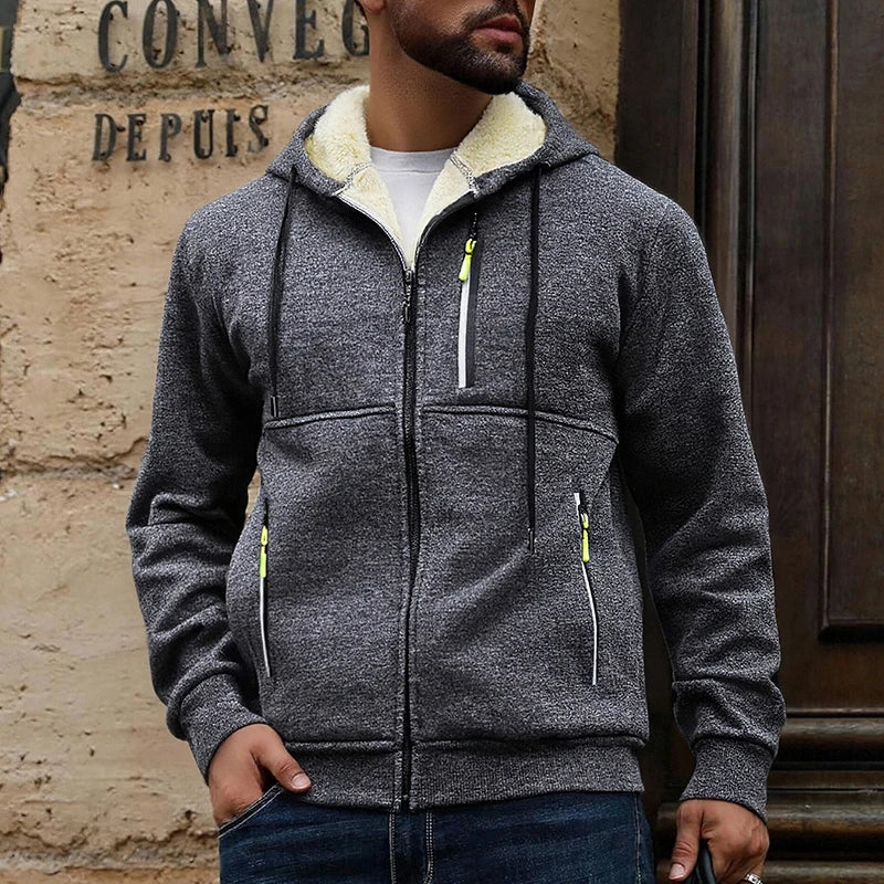 Men's Winter Warm Sherpa Plush Lined Jacket Casual Zip Up Hooded Coat with Zipper Pockets Male Fleece Outerwear Outfits Tops