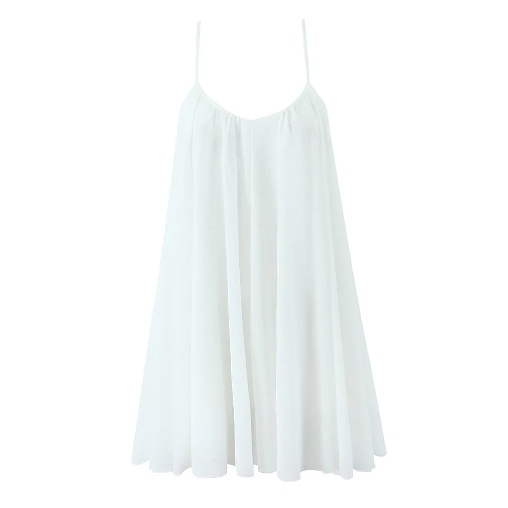 2025 Women White Big Backless Sling Dress O Neck Back Zipper Loose Swing Mini Short Dresses Holiday Robe