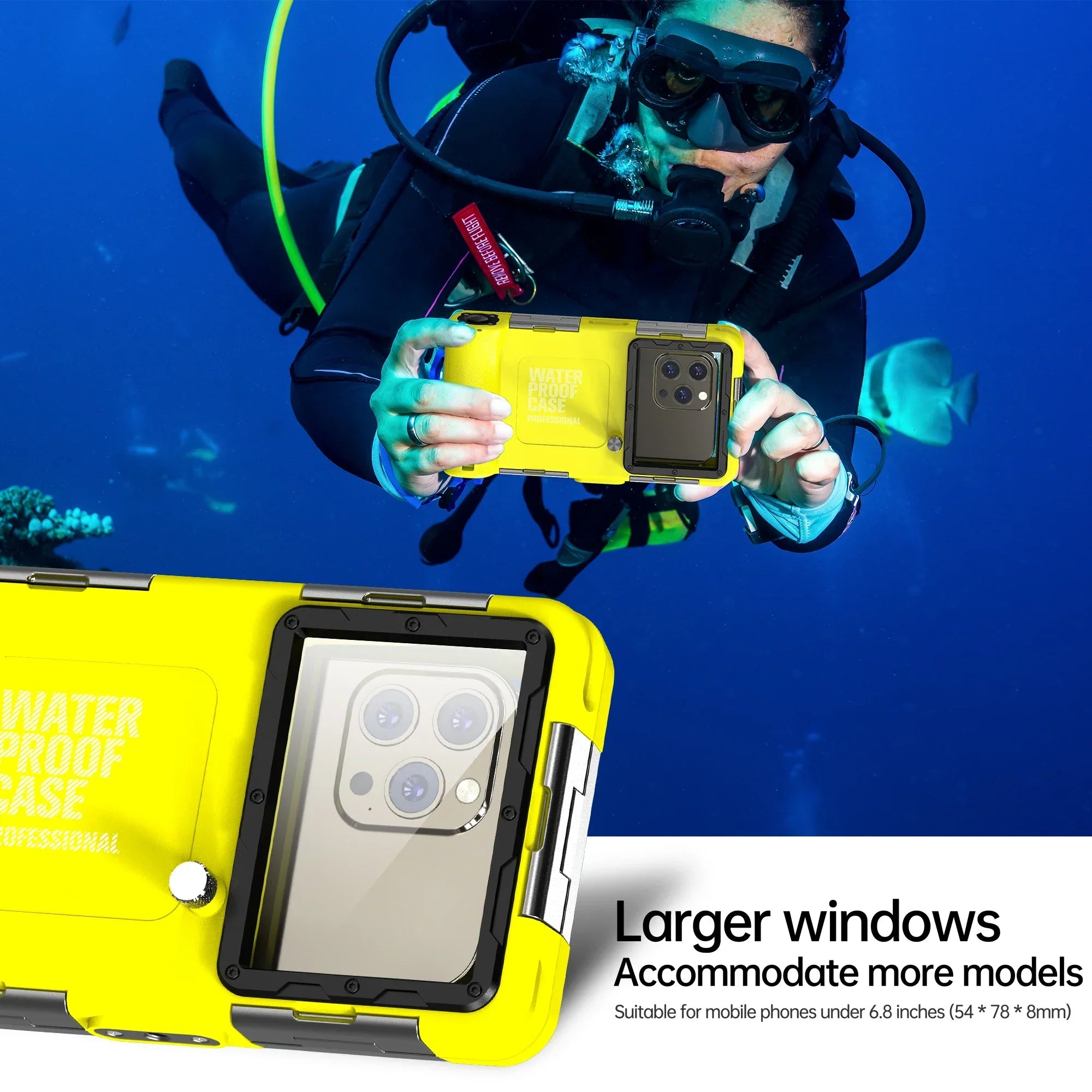 Multi-functional, durable, waterproof, 15m/50ft, universal 6.9 inch waterproof phone case, IP68, professional diving photography