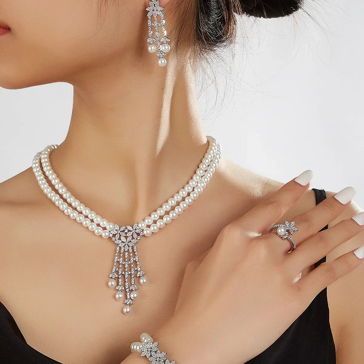 Trendy Pearl Tassel Necklace 4PCS Jewelry Set For Women Wedding Party Full Zircon Dubai Bridal Jewelry Set Gift
