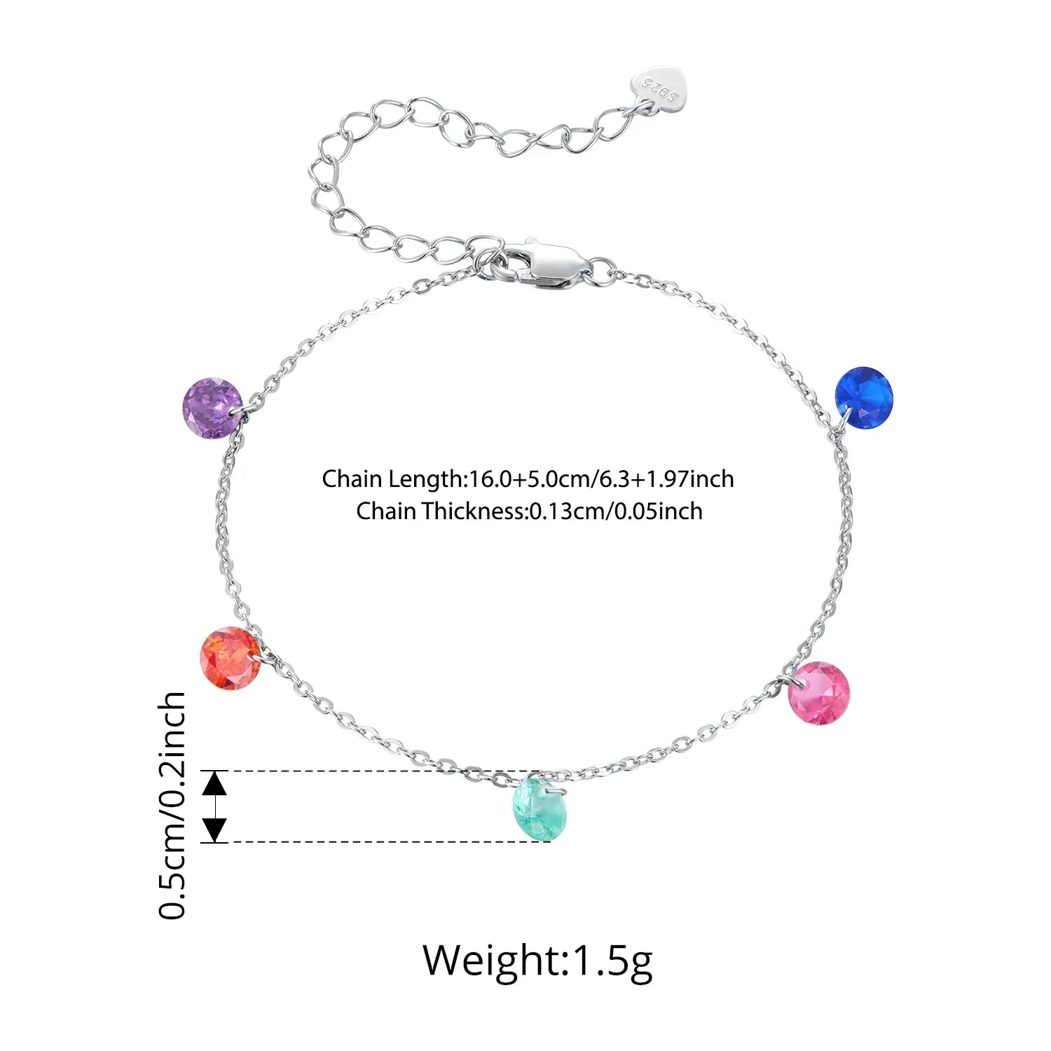 925 Sterling Silver Colorful Round Zircons Chain Bracelet Adjustable Link Chain with Rainbow Beads for Women Wrist Decor
