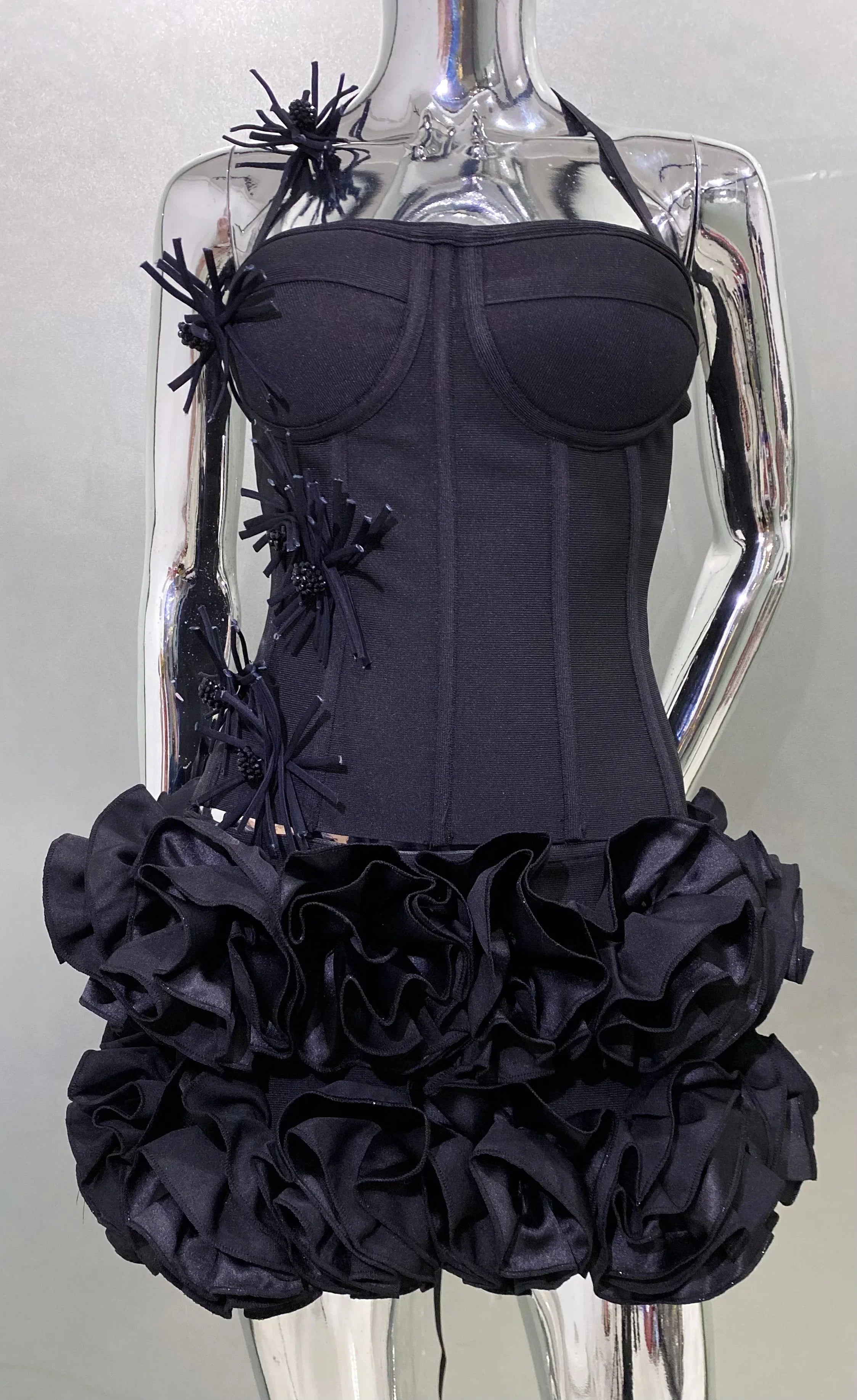 Black Red Women Sexy Strapless Laced-up Tops 2 Pieces Florals Bodycon Mini Bandage Dress Celebrate Nightclub Party Stage Wear