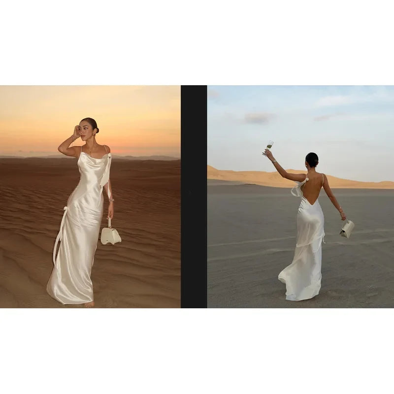 Elegant 3d Flowers Backless Dress Women Bodycon Swing Collar Sleeveless White Sling Maxi Robe 2025 Summer Lady Evevning Vestidos
