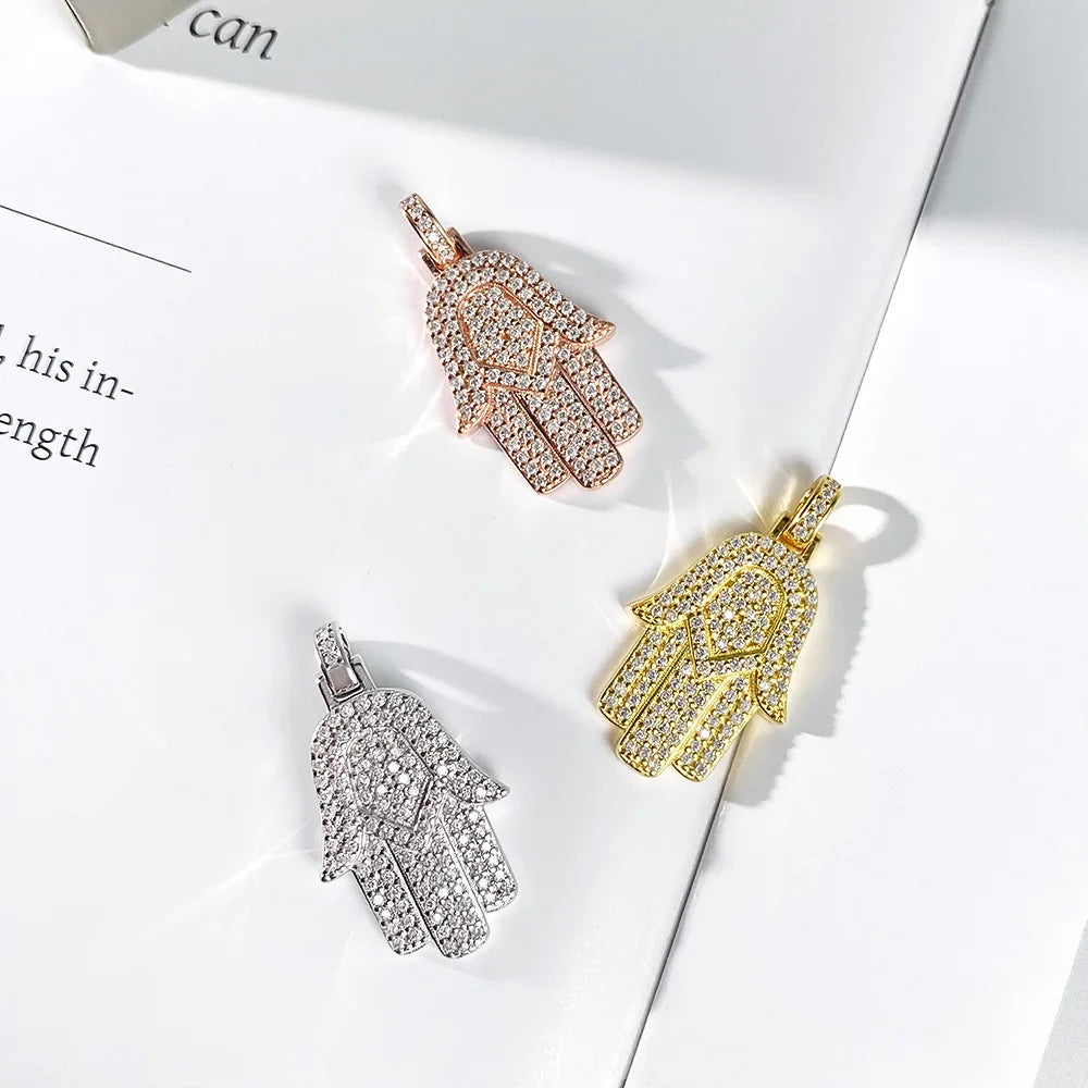 Hamsa Hand Real Moissanite Pendant Necklace for Men Women 925 Sterling Silver 18k Gold Plated Hiphop Fatima Necklace Jewelry