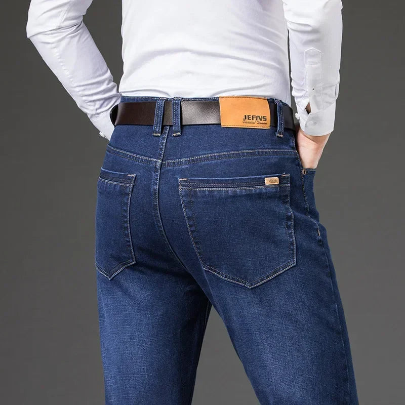 Large Size 40 42 44 46 2025 New Business Casual Stretch Trousers Classic Blue Denim Pants Male Men's Loose Straight Jeans
