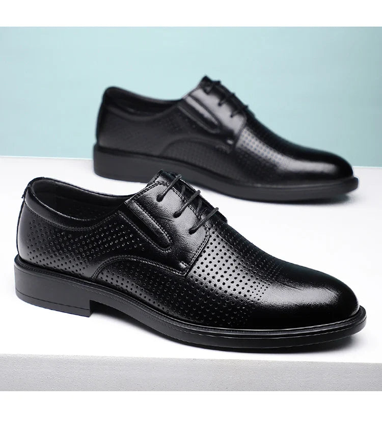 Men's Summer Breathable Leather Shoes British Style Comfortable Soft Business Formal Derby Shoes Hollow out Design-SJ6607-1