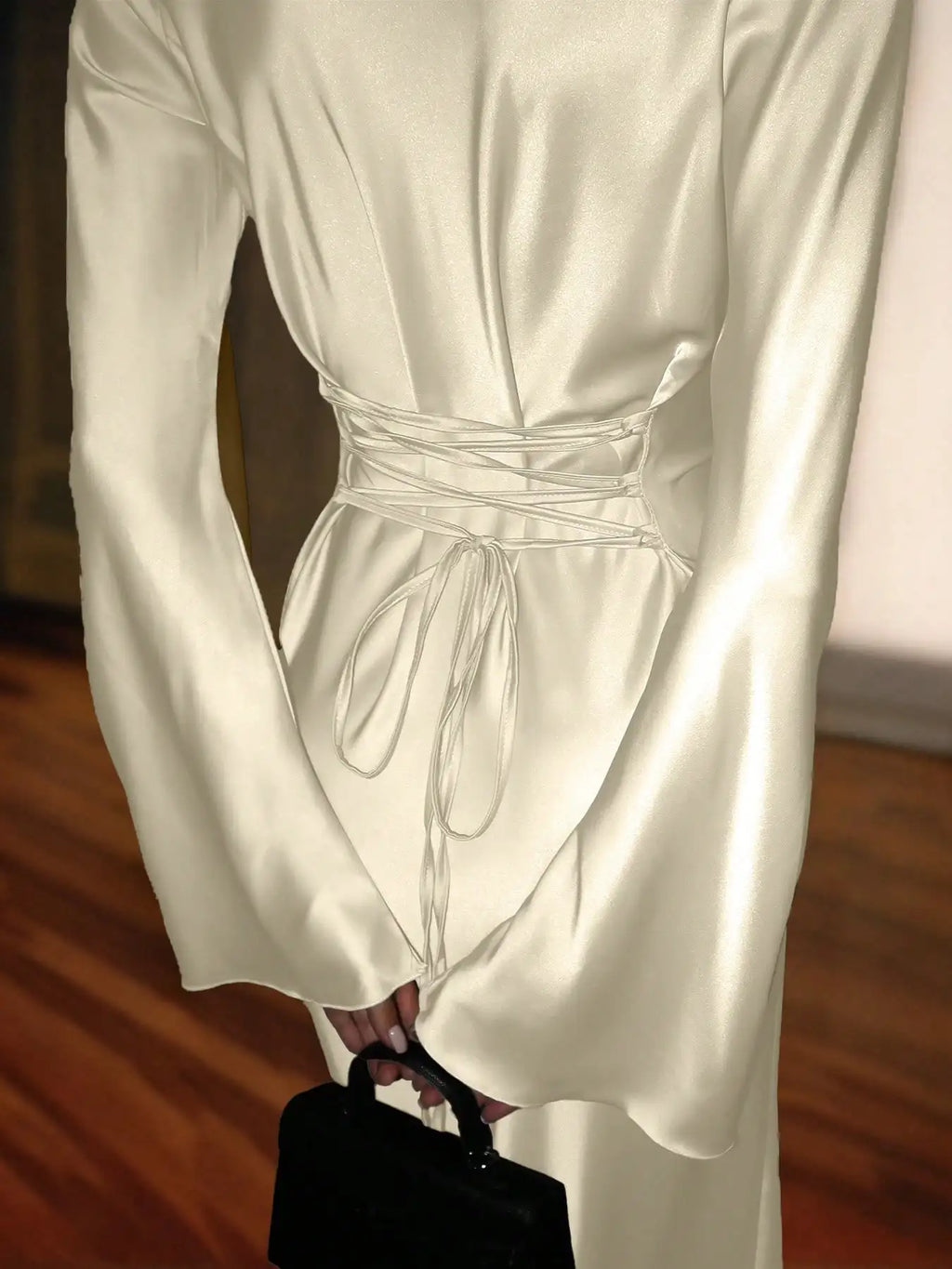 Women's Bespoke Satin Maxi Dress with Corset Waist Tie Classic Round Neck & Dramatic Flared Sleeves Luxury Evening Dress