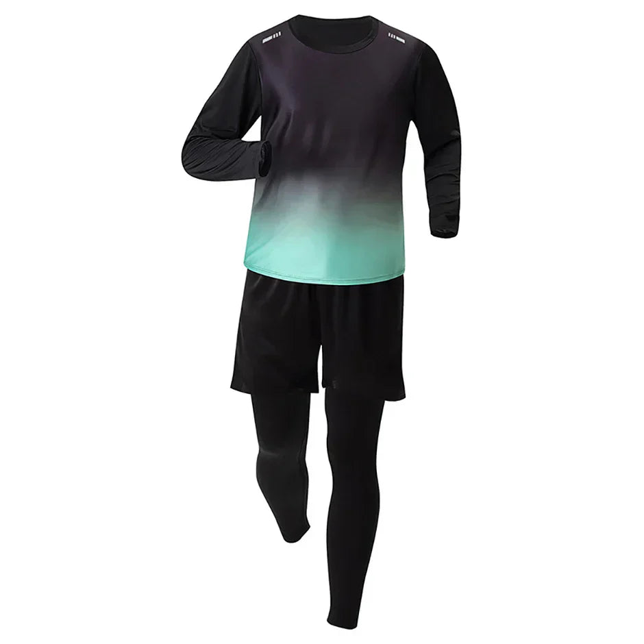 5-Piece Men's Quick-drying Sports Suit Fitness Running Tight Elastic Trousers With Cap Gradient Coat Round Neck Casual T-shirt