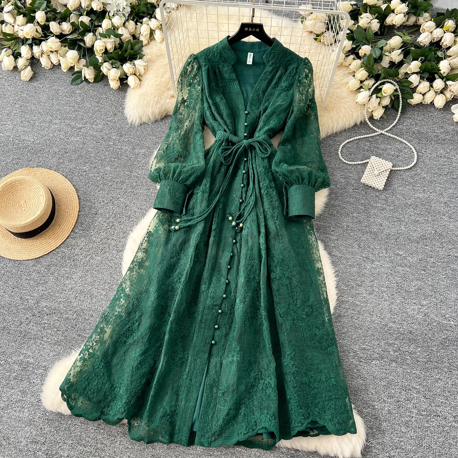 High-End Women's Dress Heavy Embroidery A-Line Long Skirt V-Neck Lantern Sleeve Single Button High Waist Korean Style Commute