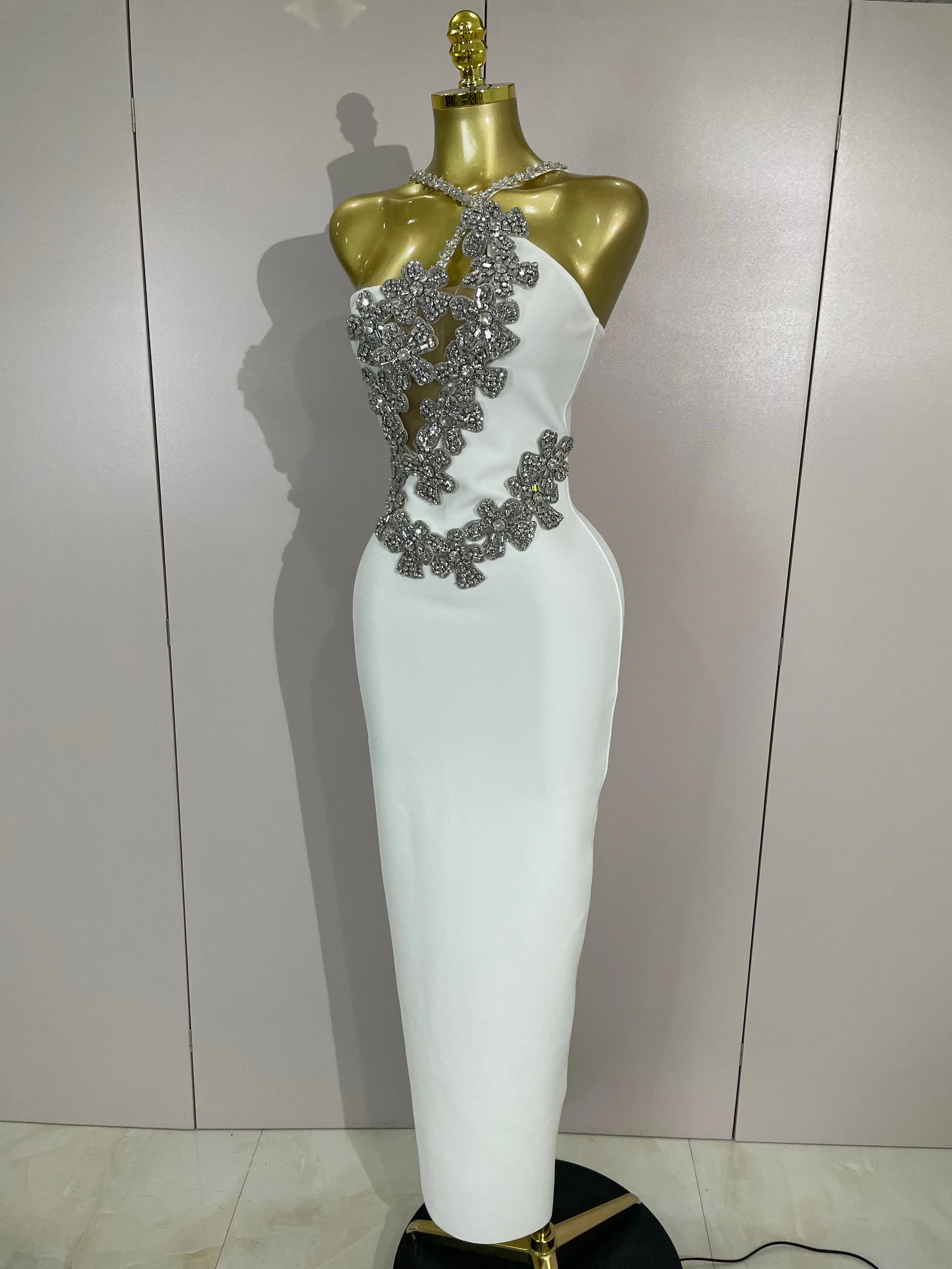 Sexy Backless Sparkly Crystal Diamonds White Bodycon Bandage Dress Women Celebrity Elegant Evening Club Party Birthday Dresses