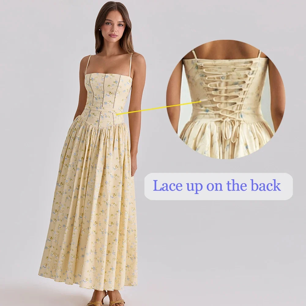 Suninbox Summer Floral Print Spaghetti Strap Maxi Dress Women Elegant Vintage Holiday Party Beach Wear Dress
