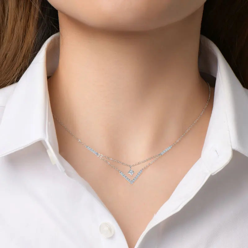 Sparkling 3mm&1.8mm Round Moissanite Necklace 925 Sterling Silver Fashion V-Shape Necklaces for Women Fine Jewelry Gift