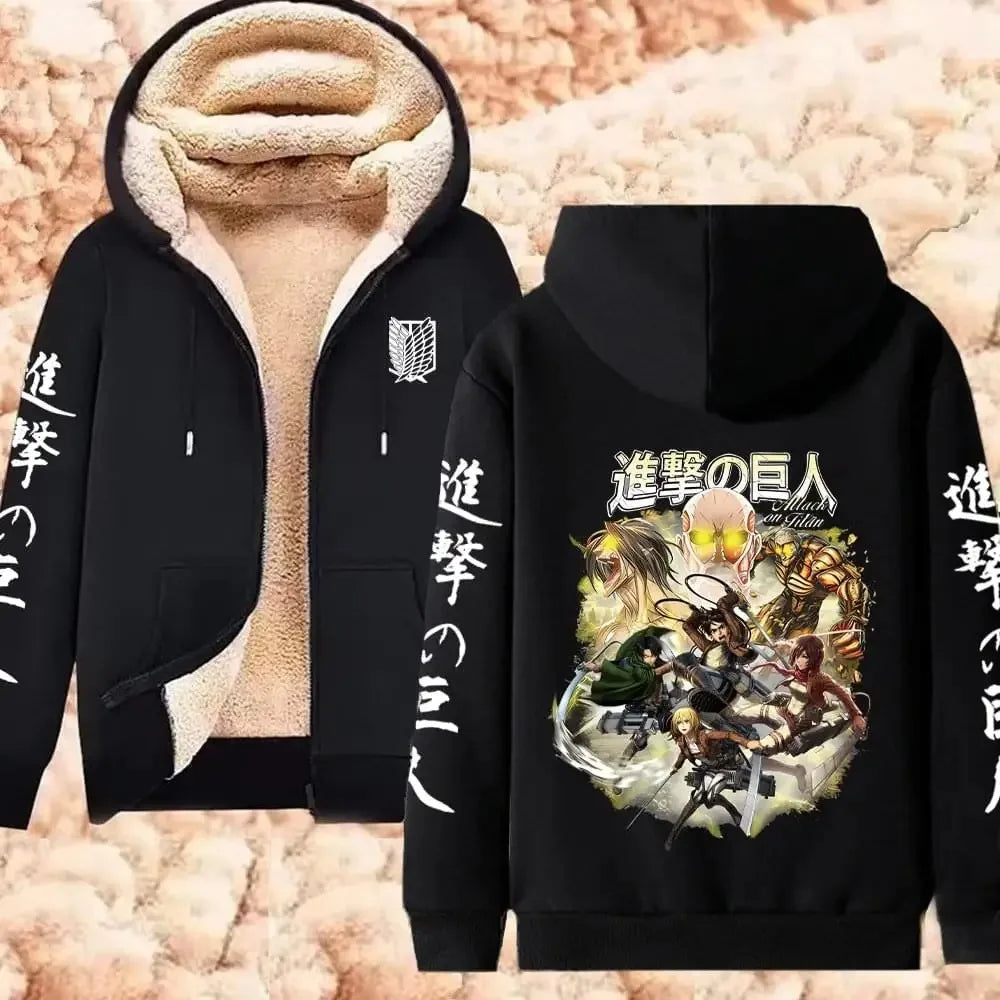 Attack on Titan سترة شتوية دافئة بسحاب، هوديز مطبوع عليها أنمي للرجال والنساء، بلوزات سميكة بسحاب، ملابس الشارع Harajuku Hip Hop