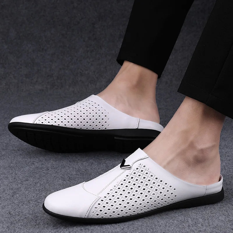 Summer Men Shoes Casual Brand Mens Penny Loafers Genuine Leather Luxury Half Slipper For Men Breathable Lazy Driving Shoes Man