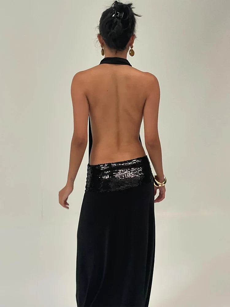 Backless Fashion Dresses Elegant Halter Patchwork Draped Maxi Bodycon Female Solid Simple Evening Party Frock New