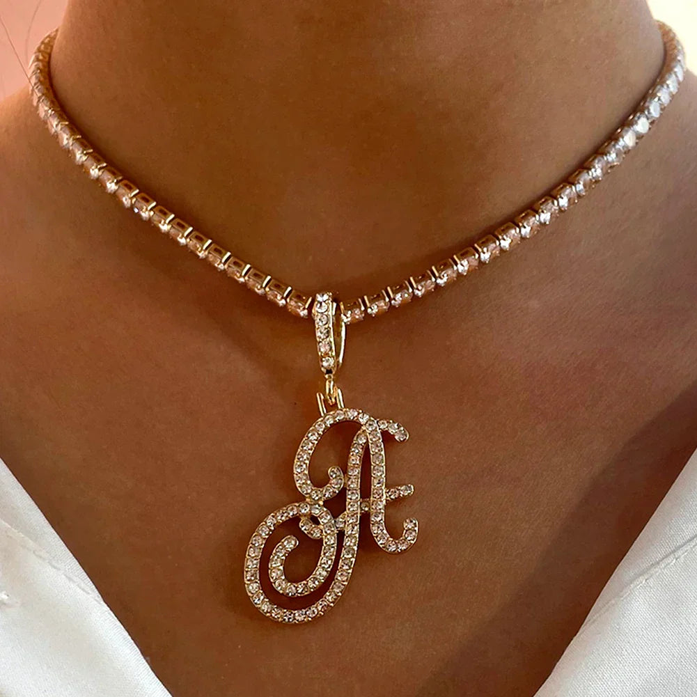 New Cursive Letters Cubic Zirconia Chain Intial Name Necklace Hip Hop Jewelry Gold Silver Color CZ 26 Alphabet Pendant Necklaces