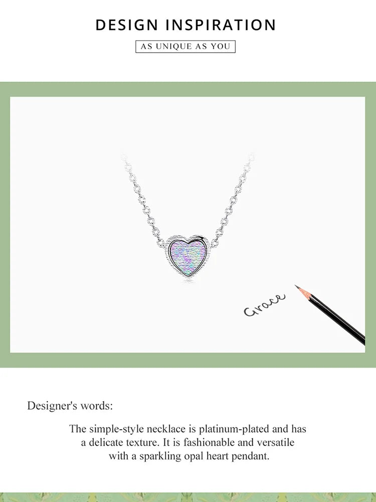 Genuine 925 Sterling Silver Opal Heart Pendant Necklace for Women Fine Jewelry Anniversary Gift