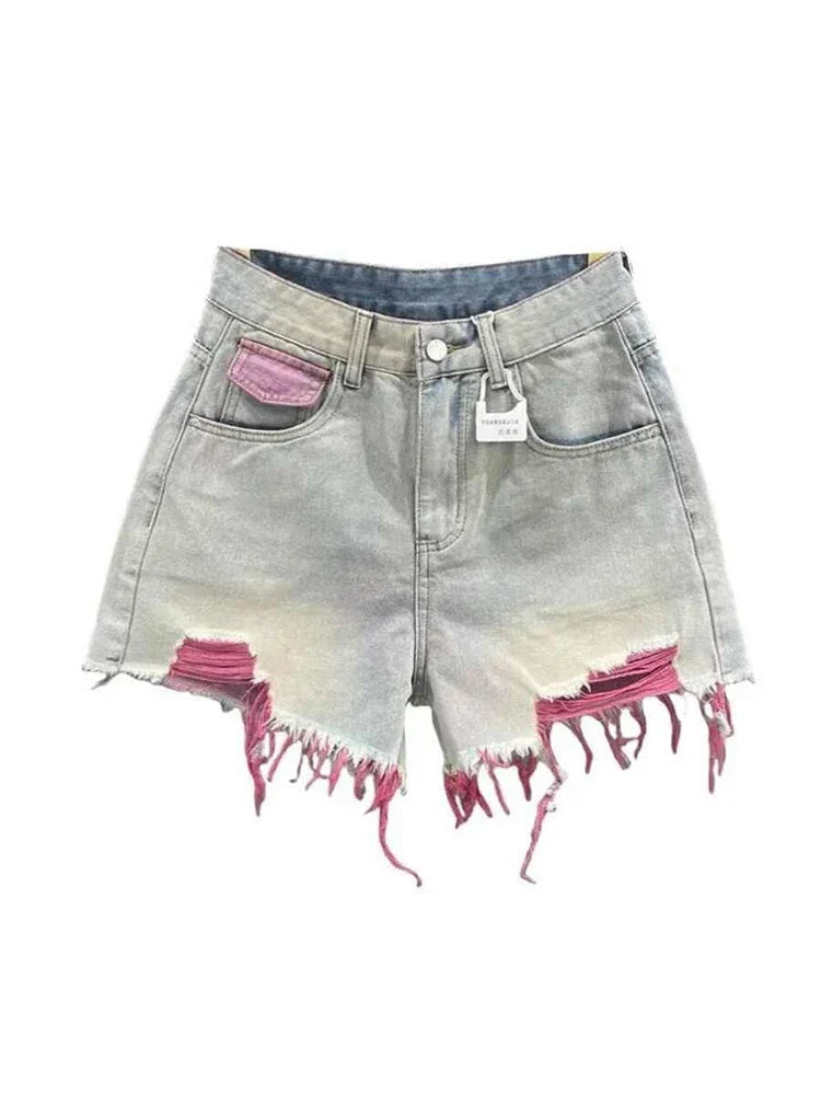 Korean Style Pink Hole Denim Shorts Women Summer New High Waist Raw Edge A-line Hot Girls Shorts Fashion Niche Slim Hot Pants