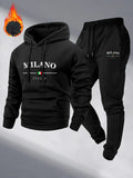 Men's Fleece Warm Hoodies Sets MILANO Printing Tracksuit Hooded Sweatshirt + Drawstring Pants Sportswear Two-piece suit