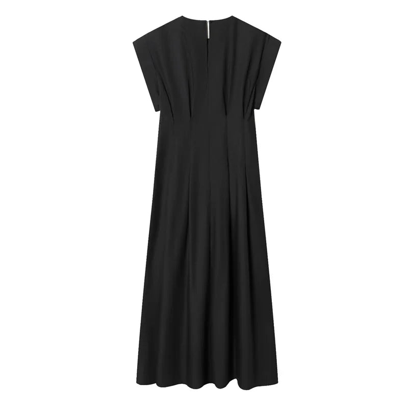 Women's Dress 2026 Spring New Black Short-Sleeve Pleated Decorative A-Line Long Dress Elegant and Simple Fashionable
