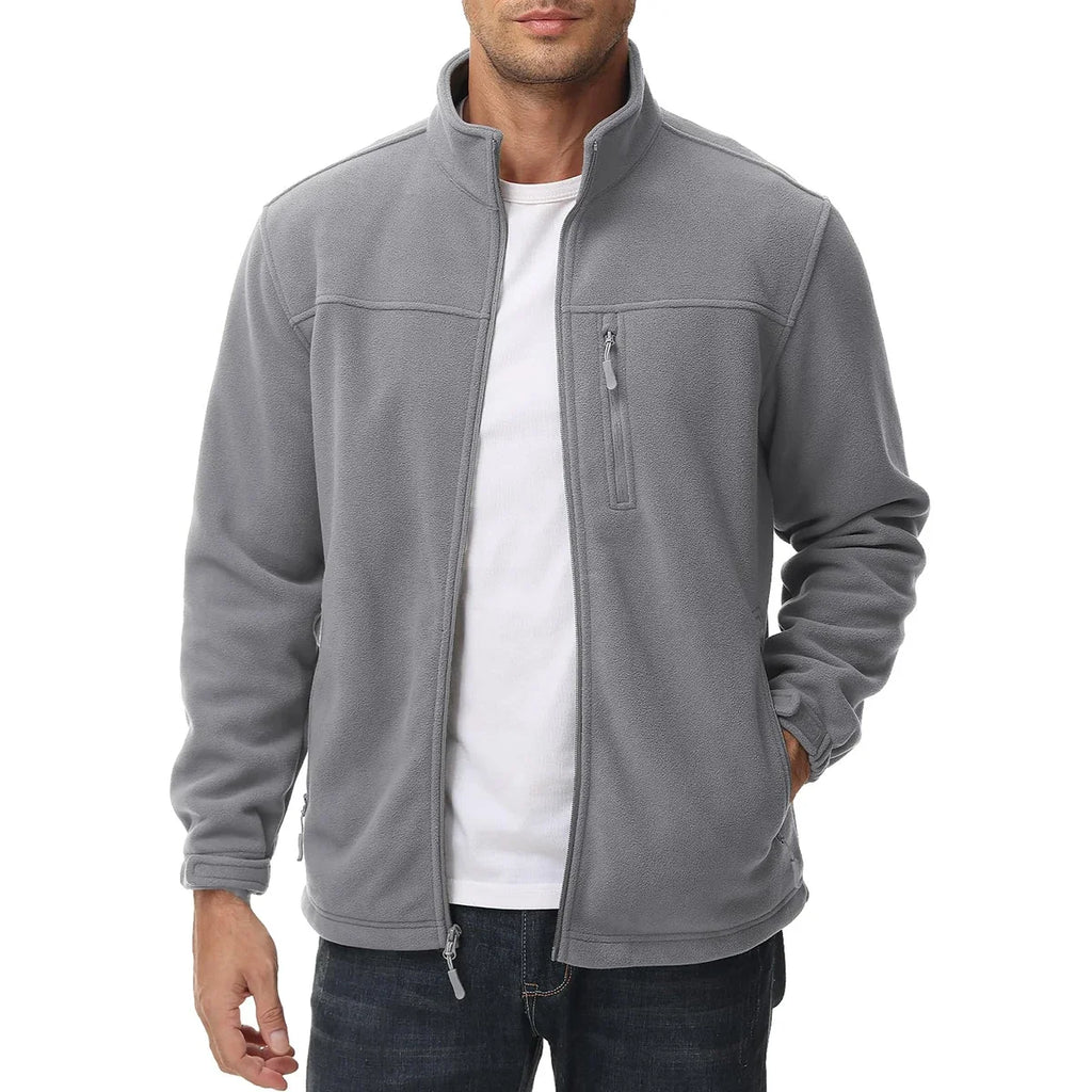 Men's Thermal Warm Fleece Jacket Stand Collar Full Zip Windbreaker Multiple-pockets Outerwear Working Hiking Coat