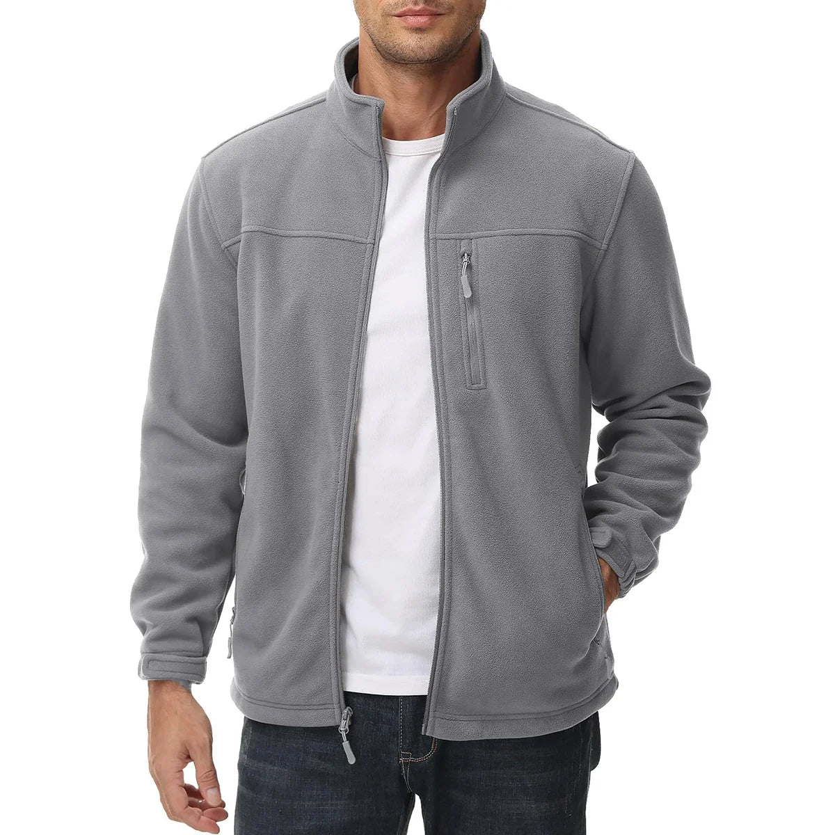 Men's Thermal Warm Fleece Jacket Stand Collar Full Zip Windbreaker Multiple-pockets Outerwear Working Hiking Coat