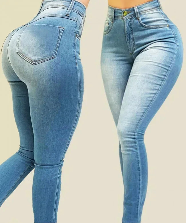 بنطلون جينز نسائي سادة بخصر عالٍ