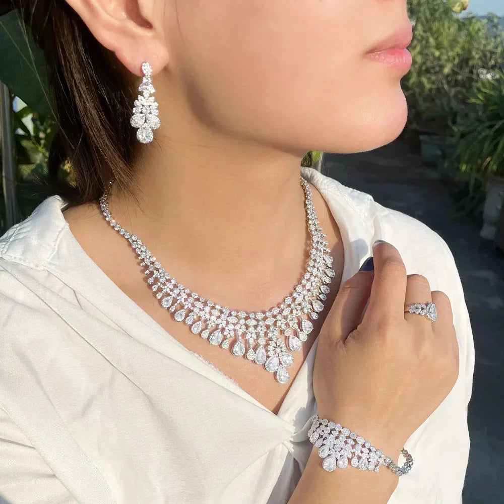 2026 Zircon Super Deluxe Tassel Water Drop Big Wedding Bridal Necklace Earrings 4 Pieces Nigerian Dubai Women's Jewelry Set