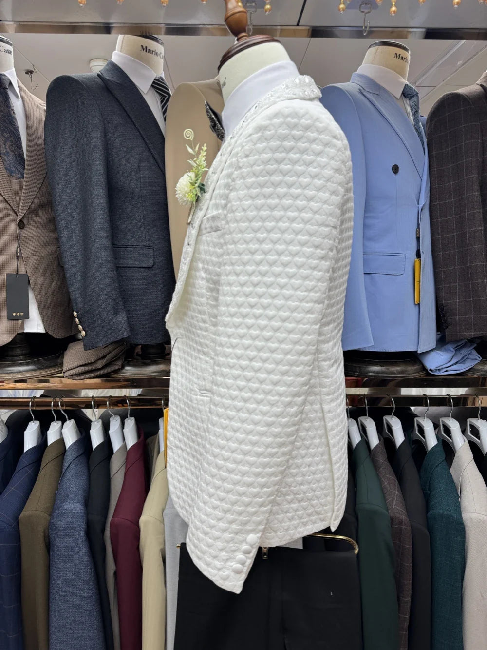 White Jacquard Men's Tuxedo 3 Pieces Blazer Vest Pants Wedding Groom Best Man Outfit Customized Suit Set For Men Birthday Party