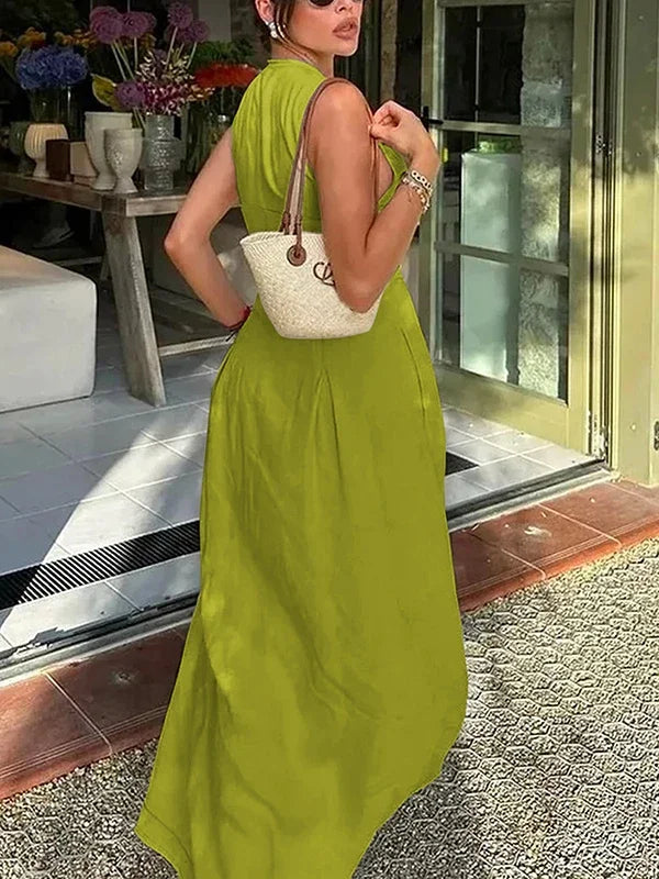 Office Lady Commute Pleated A-line Dress 2026 New Summer Fashion Solid Color Sleeveless Zipper Evening Maxi Dresses