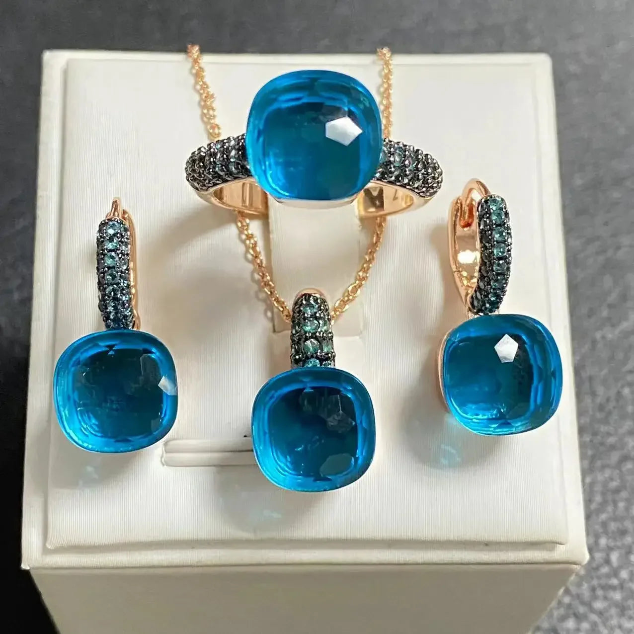 3Pcs Gun Black Plated Blue Zircon Jewelry Set for Women Includes Ring Earrings Necklace Elegant Crystal Blue Topaz Matching Gift