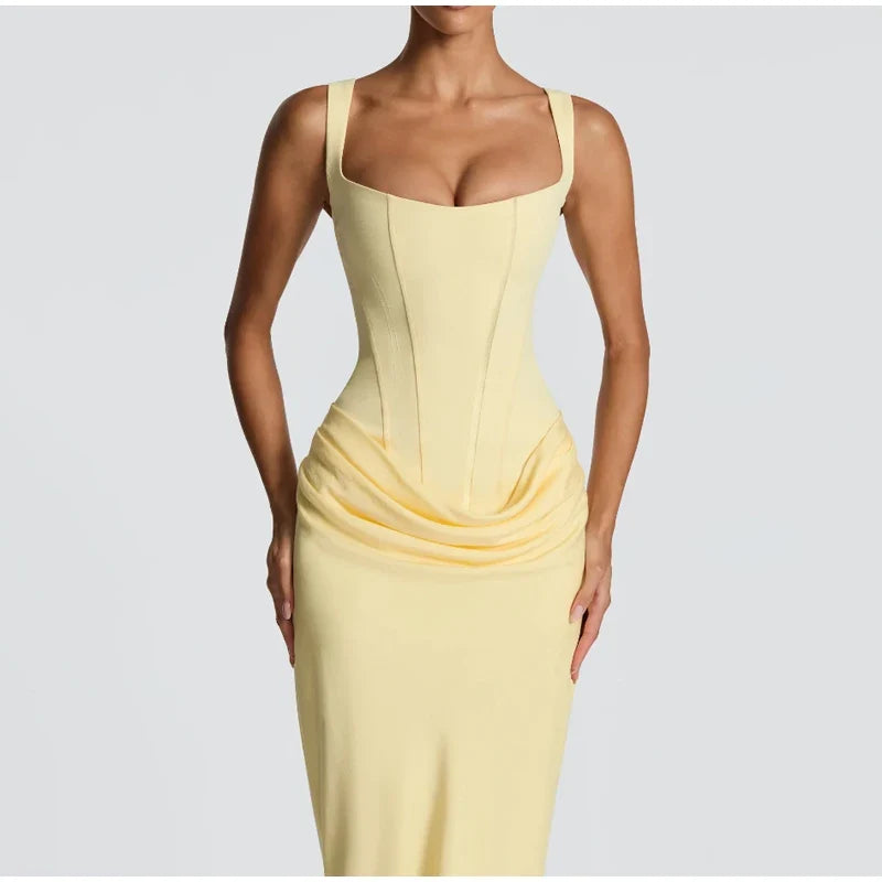 Lady Sexy Strapless Split Solid Pleated Dress Women Chic Backless High Waist Off-shoulder Dresses 2026 New Evening Party Gowns