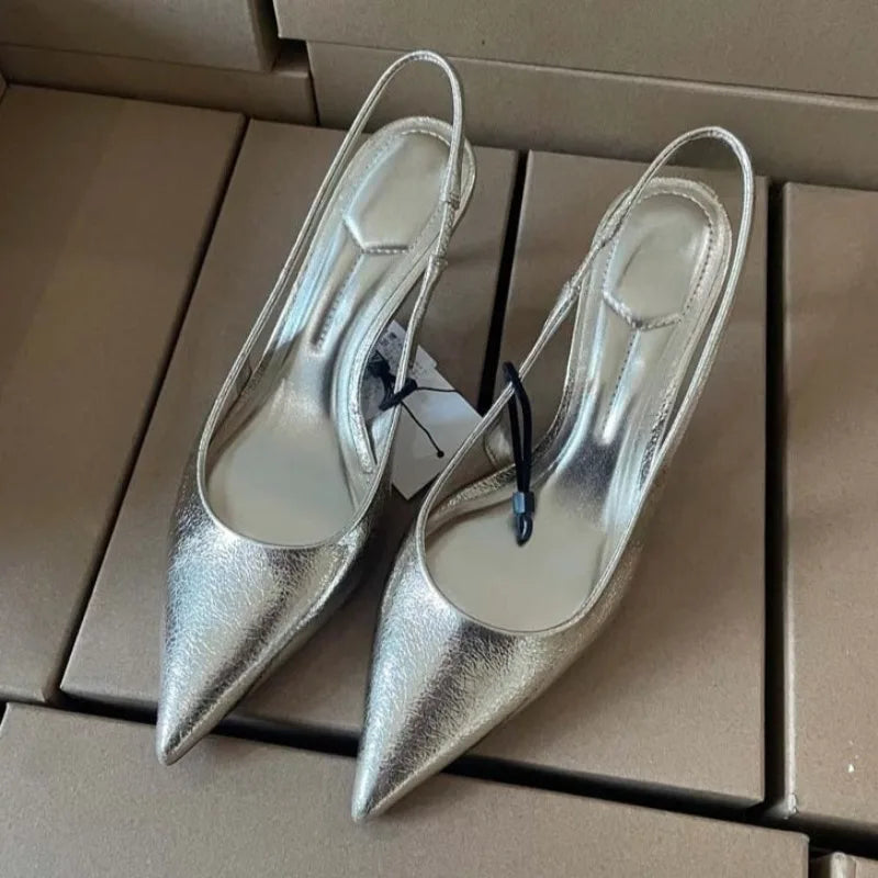 Slip on Women High Heels Office and Career Shoes Sexy Pointed Toe Concise Design Shiny Gold Evening Party Dress Slingback Pumps