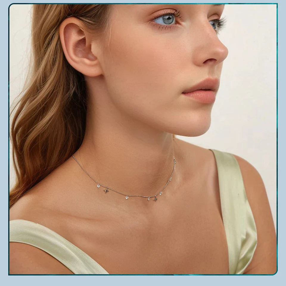 Genuine 925 Sterling Silver Dainty Starry Sky Tassel Necklace for Women, Cute Star Necklaces Christmas Jewel BSN414