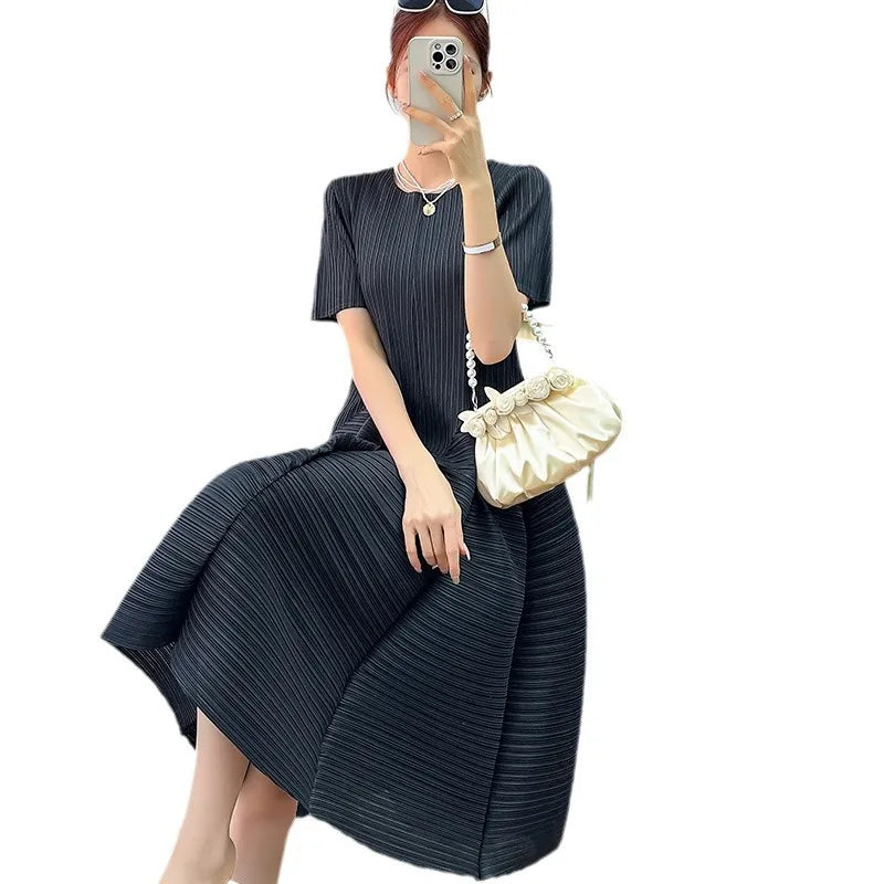 Y2k Pleated Women's Dress Bubble Short-sleeved Loose Slim Thin Medium-length Dresses for Women 2024 Summer New