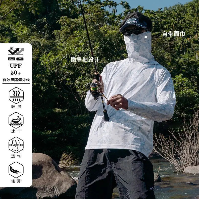 Ultra-thin Tshirts Summer Trendy Prints Lightweight UPF Sun Hoodie with Face Mask Shirt Long Sleeve Breathable UV Fishing Shirt