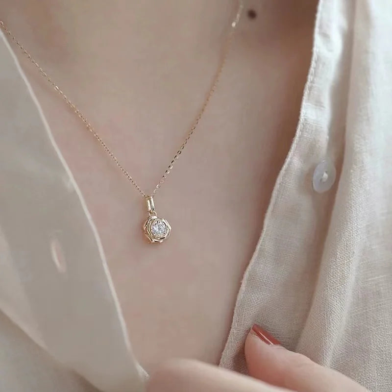 925 Sterling Silver Plated 14k Gold Shiny Zircon Flower Necklace for Women Girl Korean Temperament Exquisite Jewelry Gifts