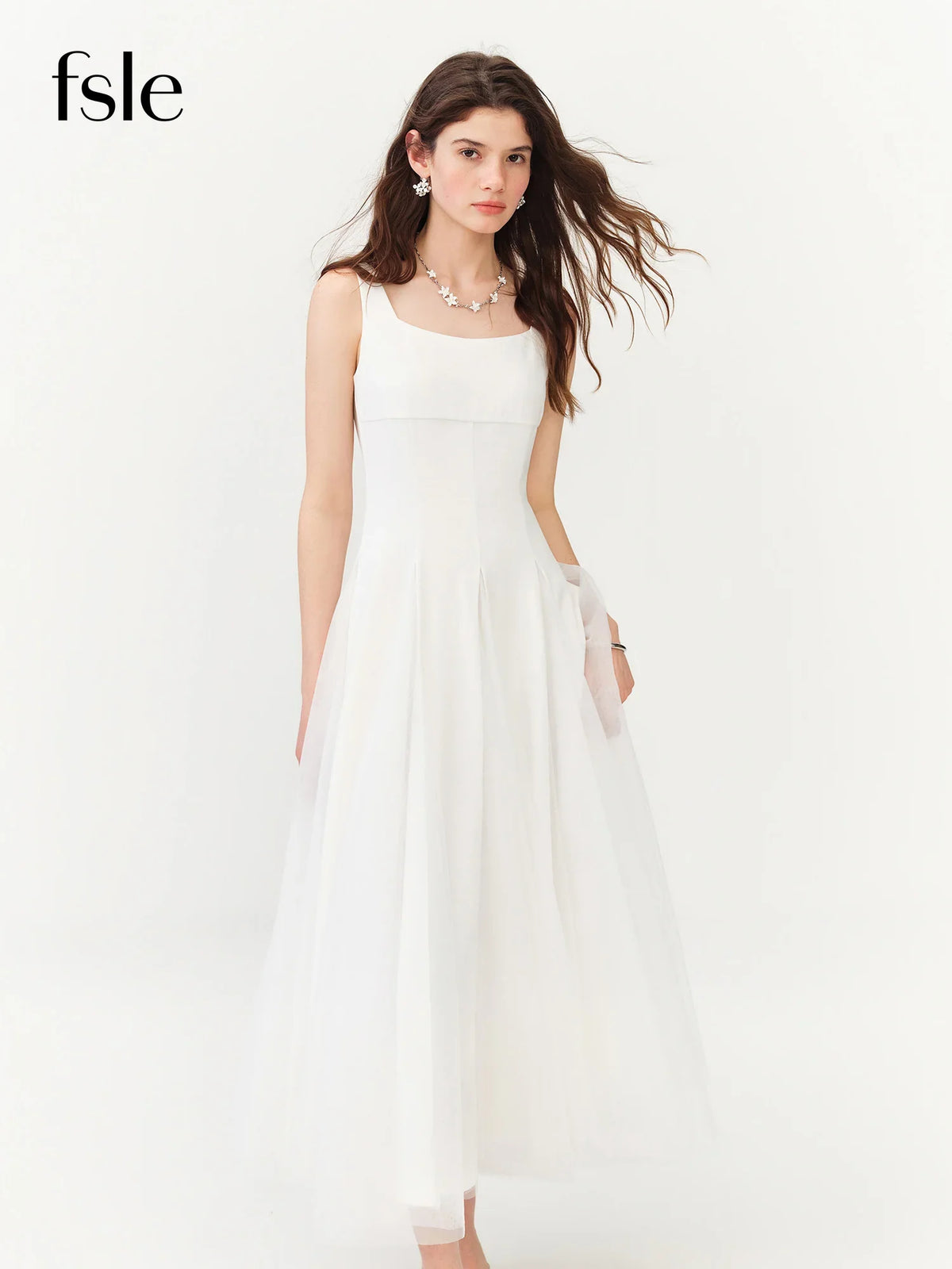 2026 Summer Women‘s Square Neck Tulle A-Line Maxi Dress Vest Collar Flowy Long Dress for Romantic Coquette Summer Style