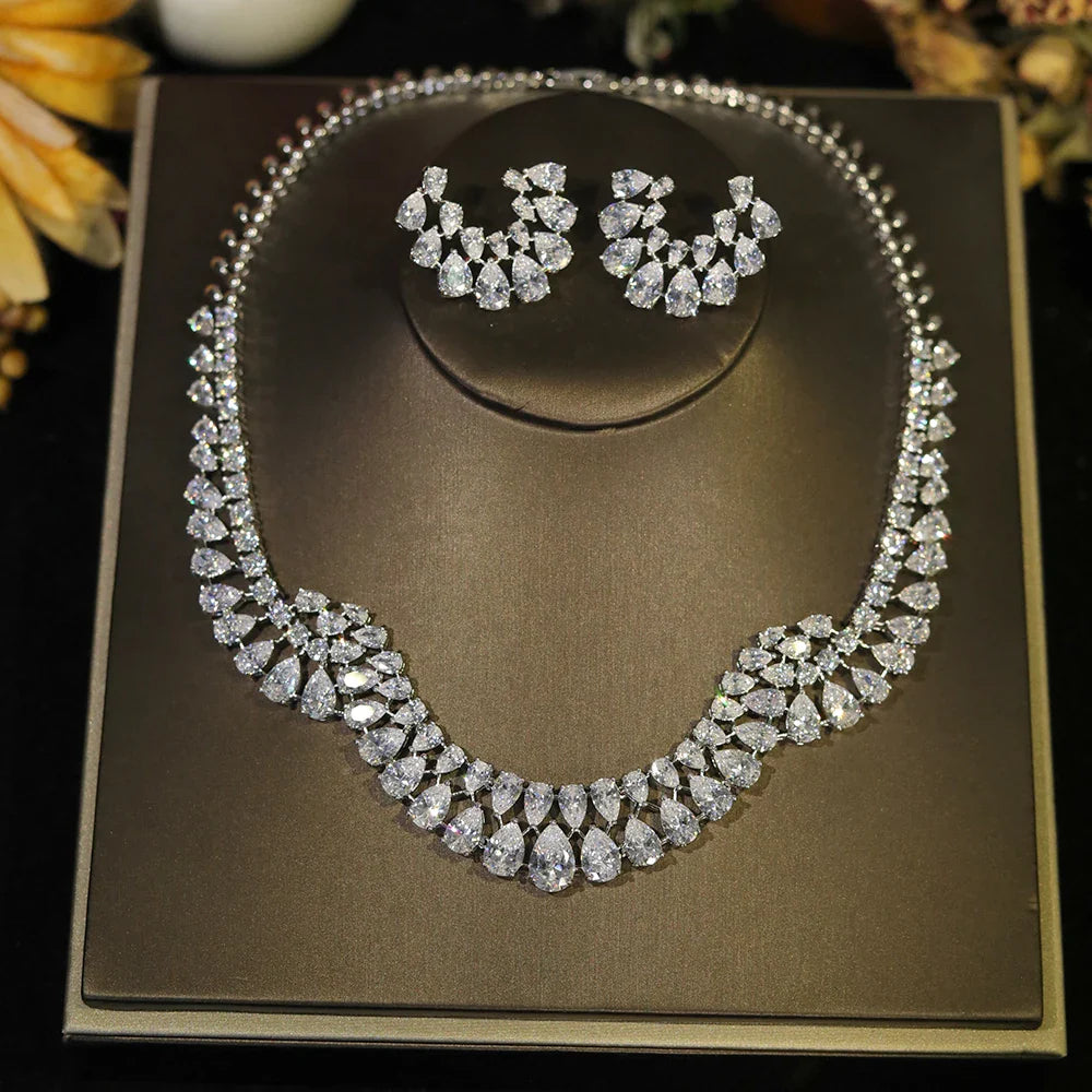 Luxury Sparkling Zircon Geometric Design Wedding Necklace Jewelry Sets Bijoux Femme Ensemble  X0610