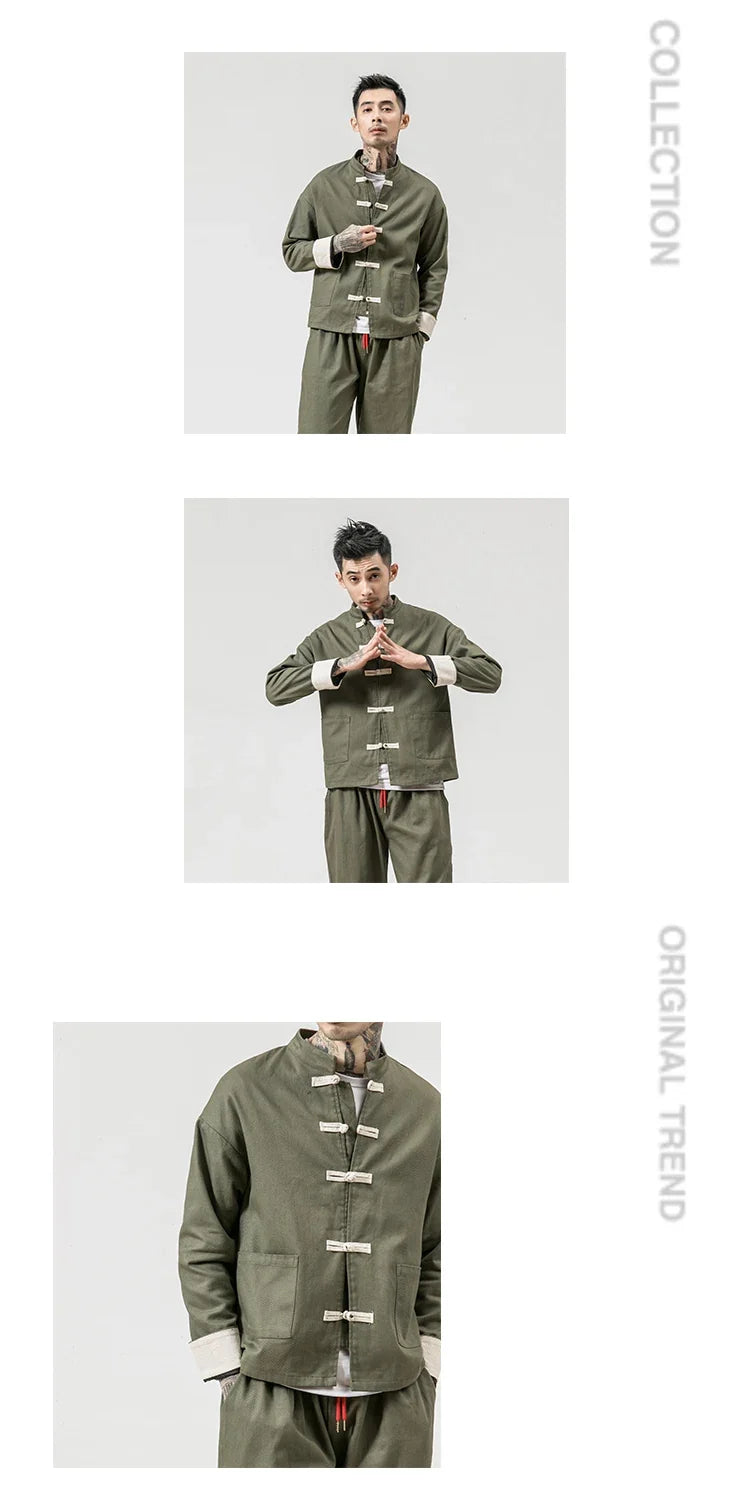 Kung Fu Coat Man Chinese Traditional Retro Autmn Long Sleeve Tang Suit Mandarin Collar Buckle Jacket Men Oriental Cotton Shirt
