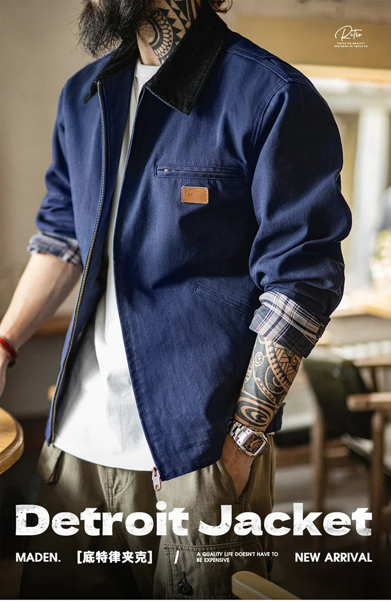 Men's Retro J001 Detroit Jacket Heavyweight Canvas Hunting Coat Lapel Collar Work Jackets with Zipper for Spring Fall