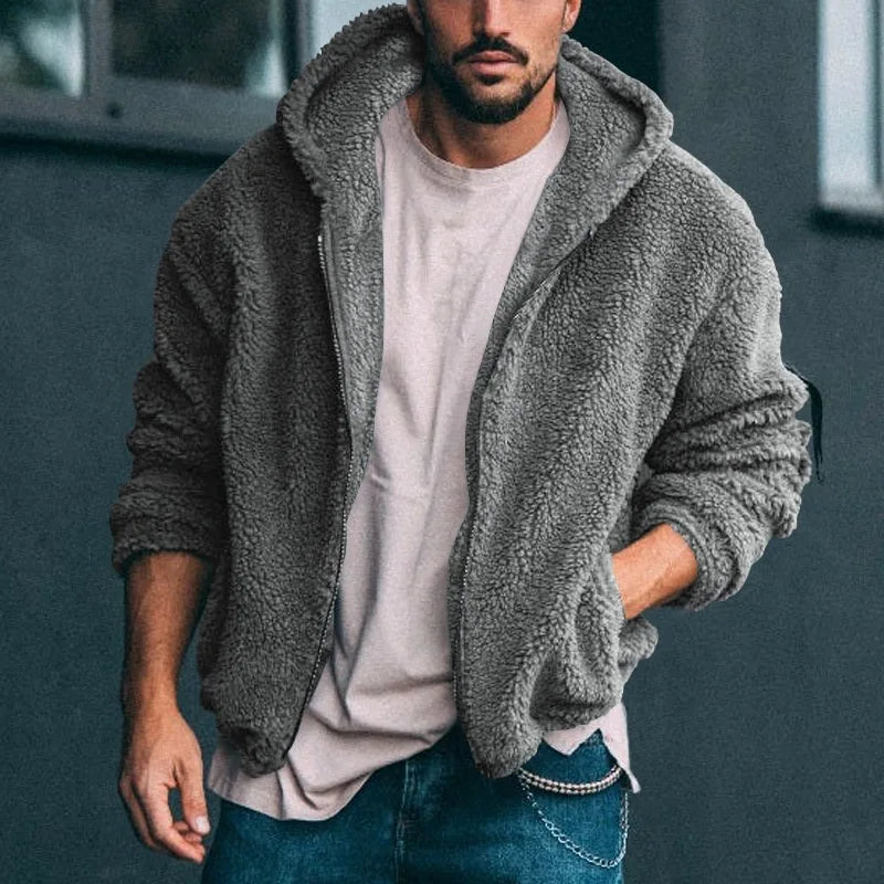 Men's Winter Zipper Fleece Hooded Jacket Vintage Casual Streetwear Loose Solid Color Hoodie with Pockets Leisure Fashion Coat