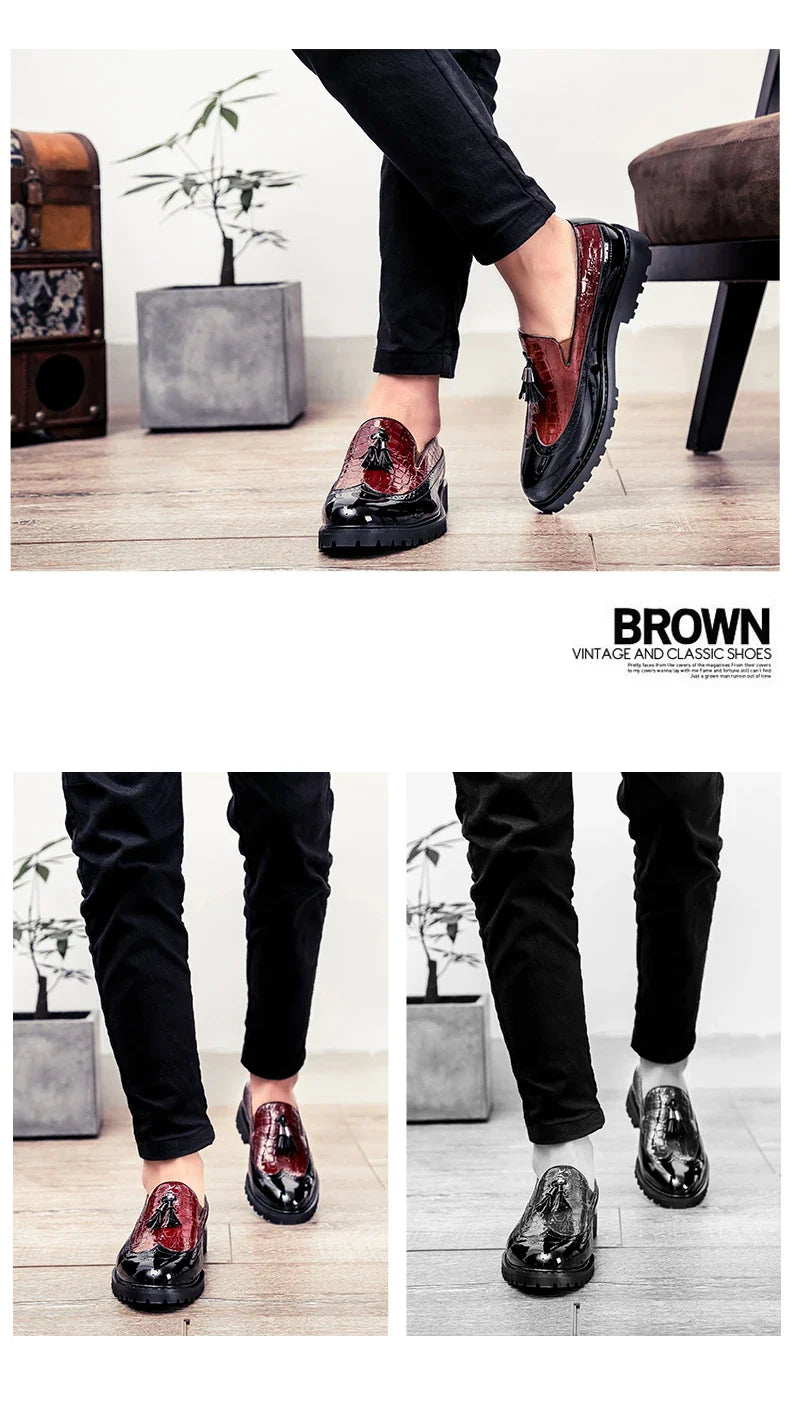 2026 new lazy man slip-on bean shoes men's business casual crocodile print 46 large size fringed leather shoes men