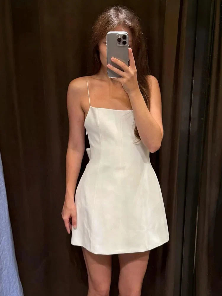 Women Summer Sleeveless Backless Solid Sexy Party Mini Dress Female Elegant Back Bow Decoration Zipper Slim Sling Dress