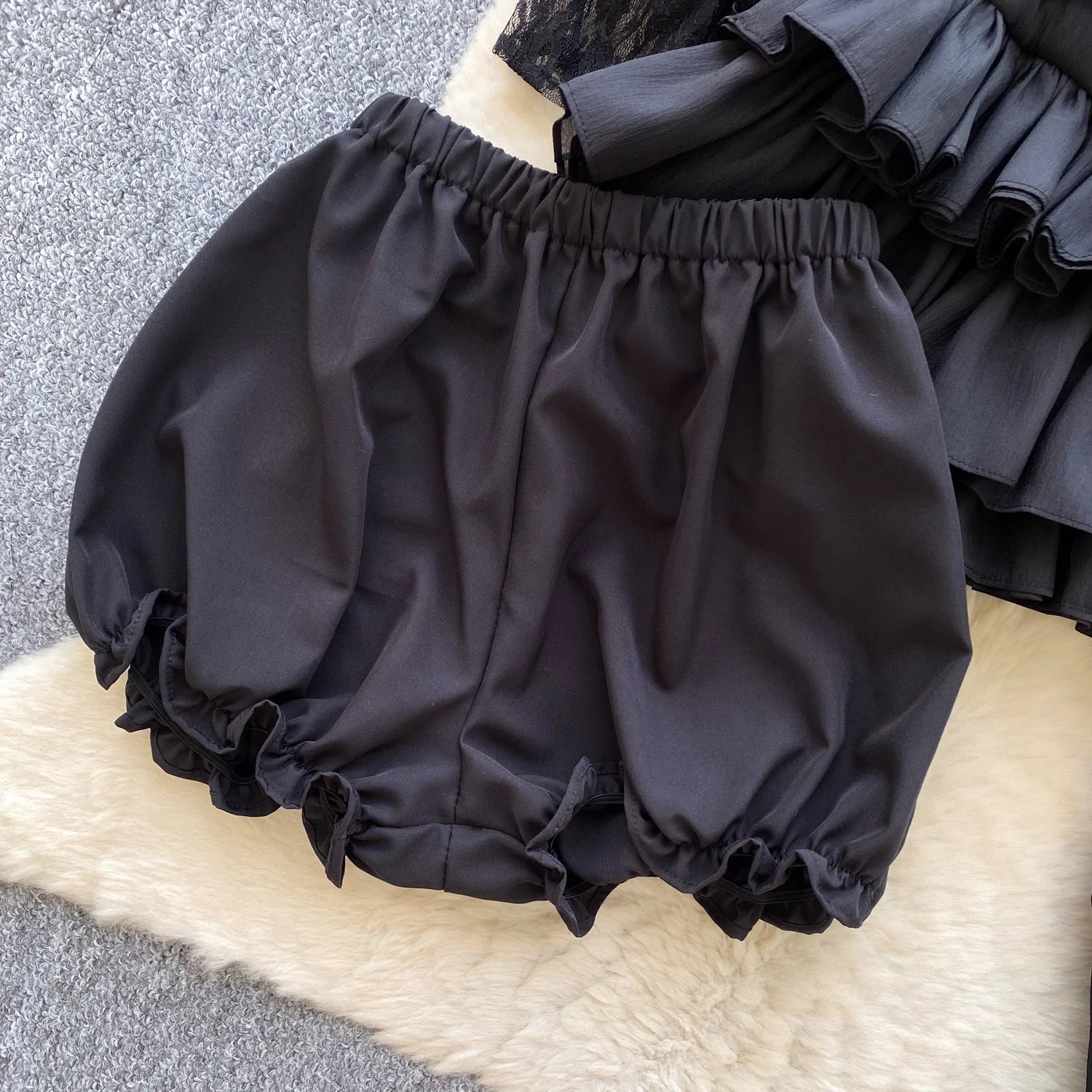 Fairycore Lace Chiffon Dresses With Stretch Shorts Pearl Button Bow Female Ruffles Sheer Seaside Holiday Mini Dress