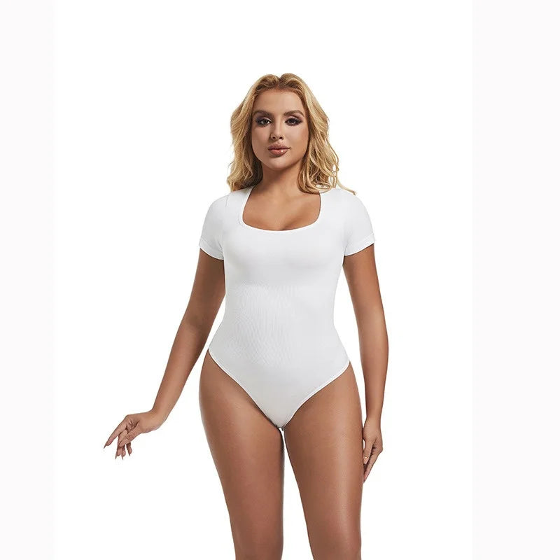 GUUDIA Short Sleeve Open Crotch Big U Neck Seamless Shapers Spandex Elastic Body Suit Shapewear Women Body Shaper Tummy Control