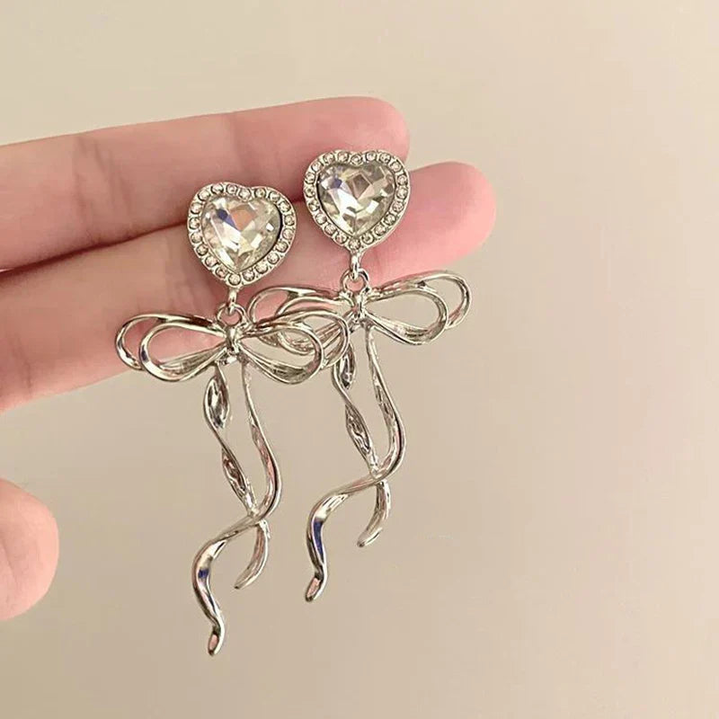 Jewelry Sweet Heart Rhinestone Butterfly Shape Dangle Earrings for Women Silver Color Korean Fashion Y2K Piercing Earring