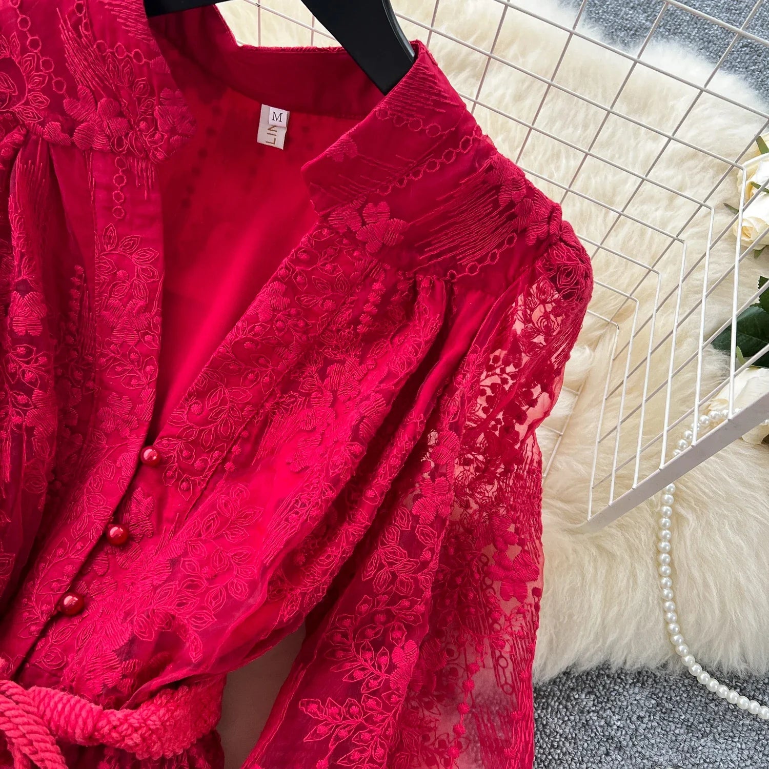 High-End Women's Dress Heavy Embroidery A-Line Long Skirt V-Neck Lantern Sleeve Single Button High Waist Korean Style Commute
